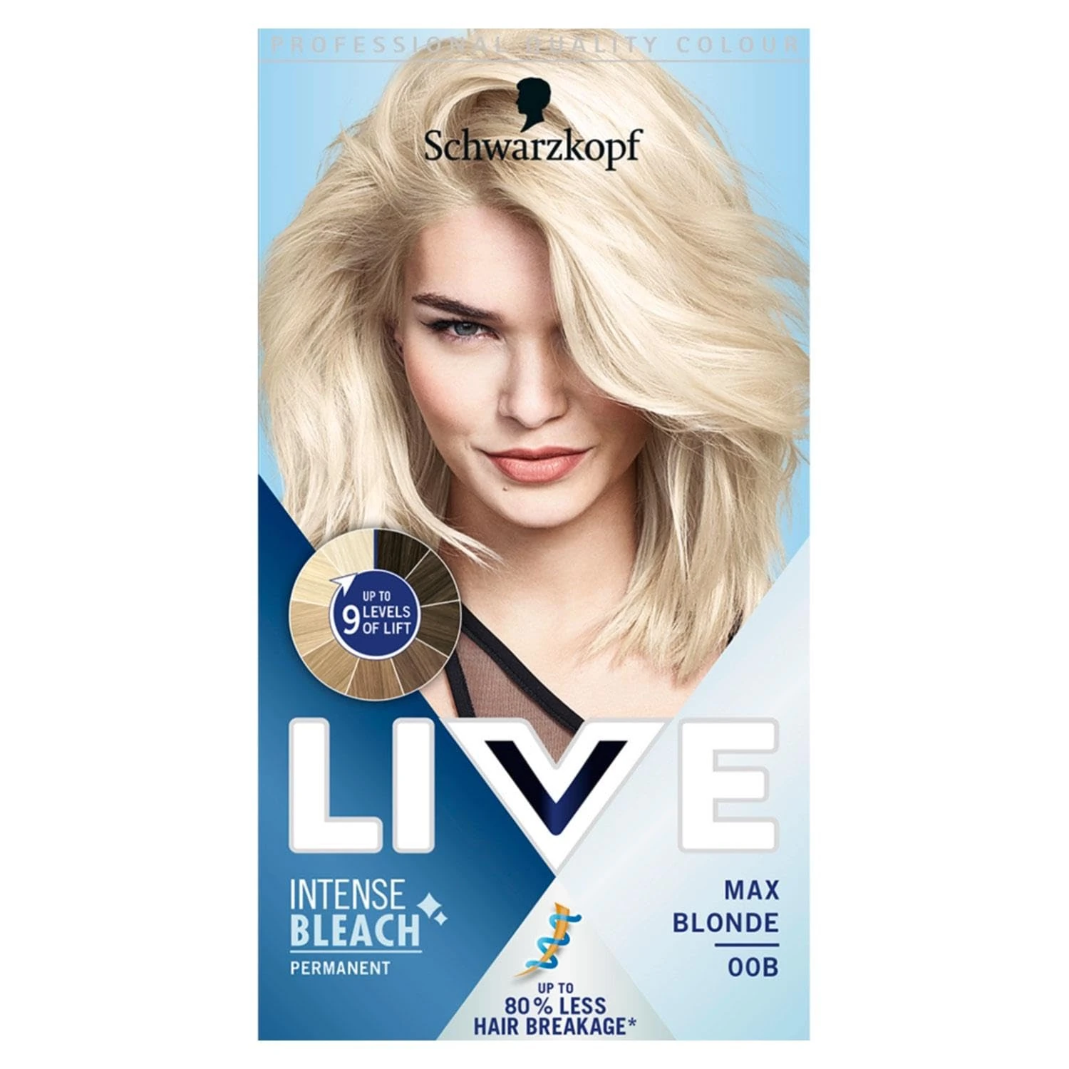Schwarzkopf LIVE Intense Lightener, Permanent Blonde Bleach Hair Dye, With Brigtening Oil Booster, Lifts Hair Up To 9 Levels - Max Blonde 00B