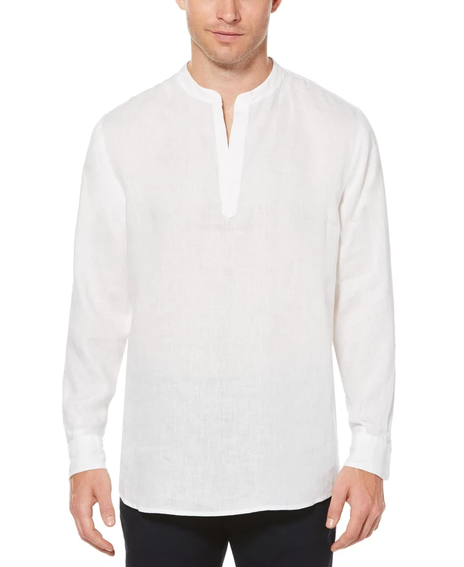 Perry Ellis Men's Long Sleeve Solid Linen Popover Shirt, Bright White, XXL