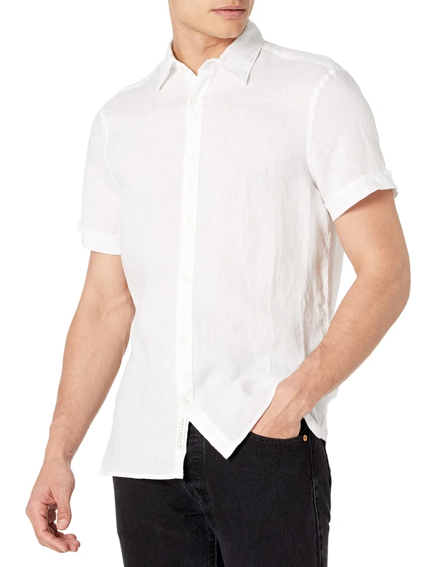 Perry Ellis Men's Short Sleeve Solid Linen Shirt Button, Bright White-4ahw3027, XL