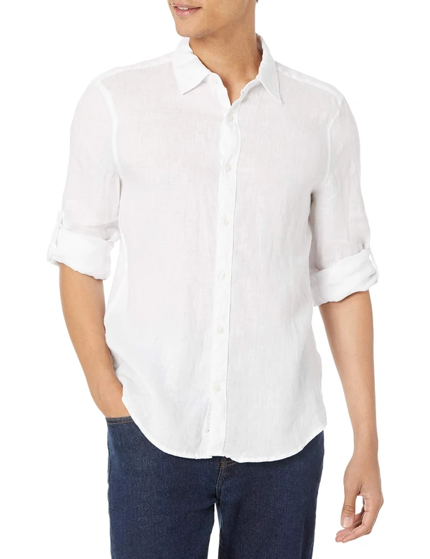 Perry Ellis Men's Roll Sleeve 100% Linen Button (Size X-small-5x Big & Tall) Shirt, Bright White-4ahw3025, X-Large