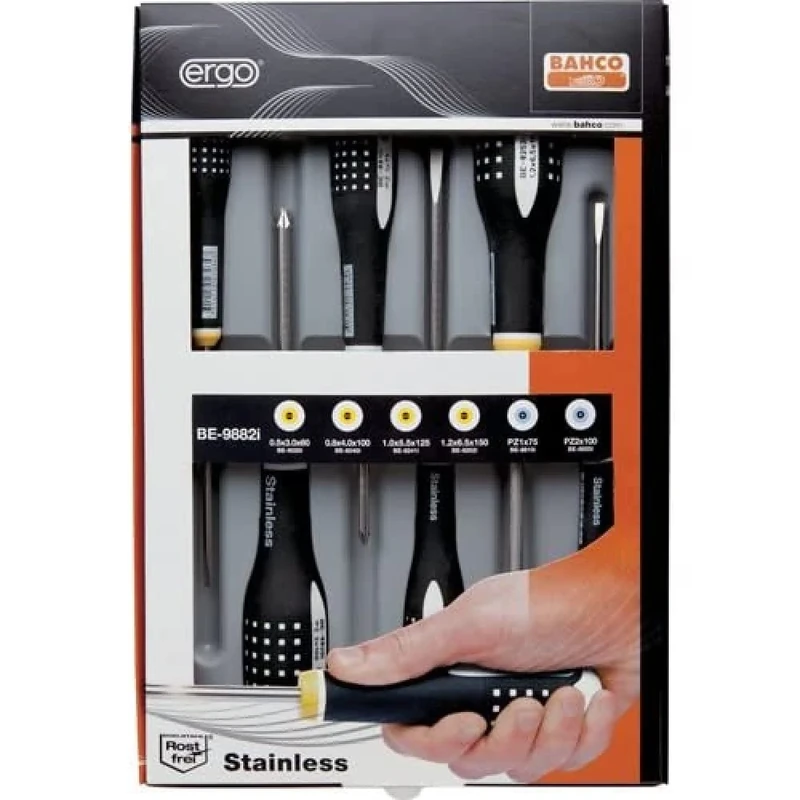 Bahco BE-9882I "Ergo" Screwdriver Set Slotted/Pozidriv of Stainless Steel, Multi-Colour