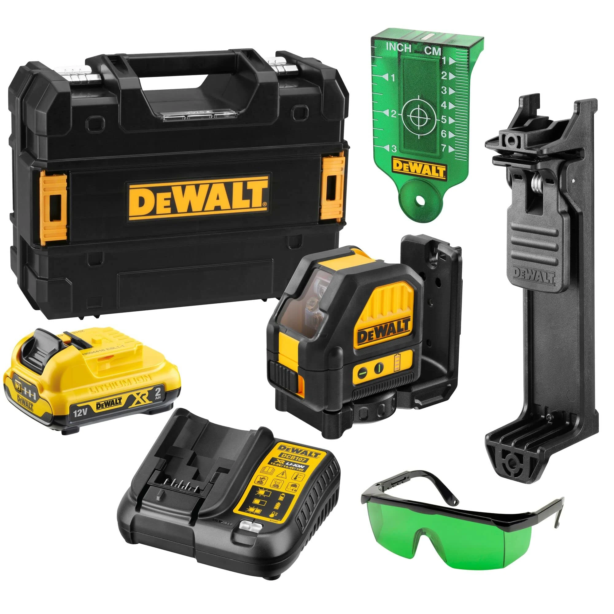 DEWALT 2-Way Self Levelling Cross Line Green Beam Laser with Battery XR 12V 2.0Ah Li-Ion and Charger DCE088D1G