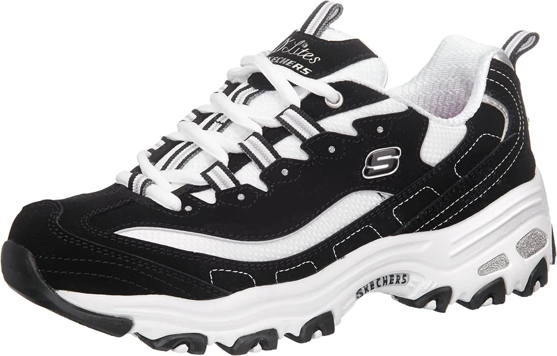 Skechers Women's D'lites-biggest Fan Trainers, Black Trubuck/ White Mesh/ Silver Trim, 6.5 UK