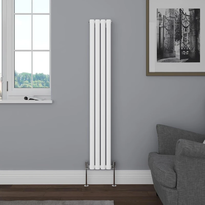 NRG Vertical 1600x236 Oval Column Designer Radiator Bathroom Central Heating Single Panel Gloss White