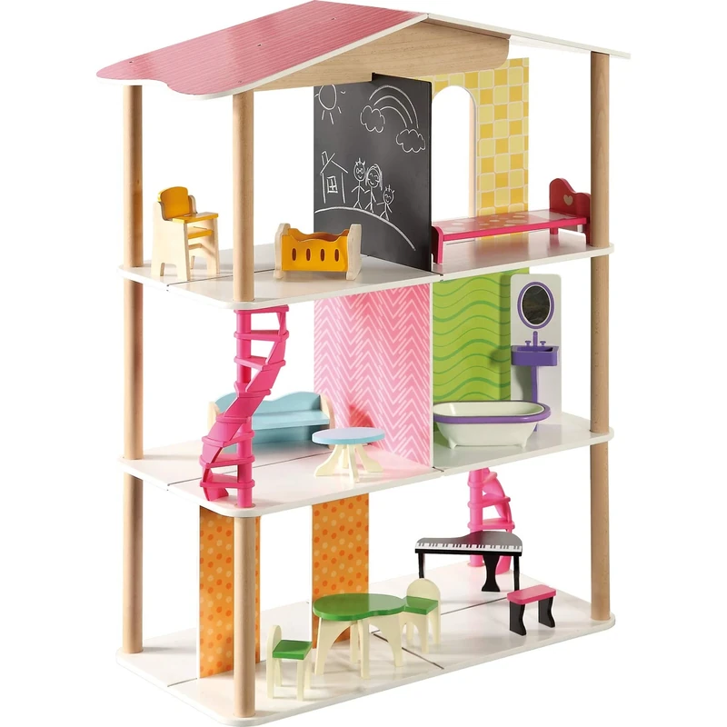 Small Foot 7809 Doll's house Charlotte made of wood, 3 floors with 12 pieces of furniture, from 3 years old