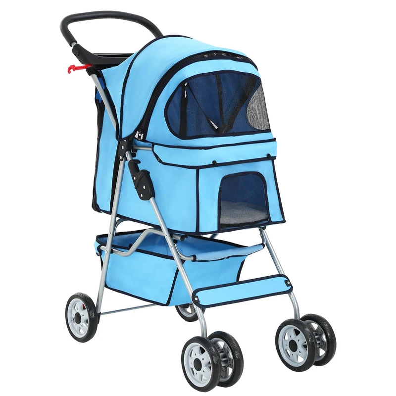 BestPet 4-Wheel Pet Stroller Dog and Cat Stroller Breathable Mesh Lightweight Travel Carrier Waterproof & Foldable Design Storage Basket for Daily Walks & Outdoor Use，Blue