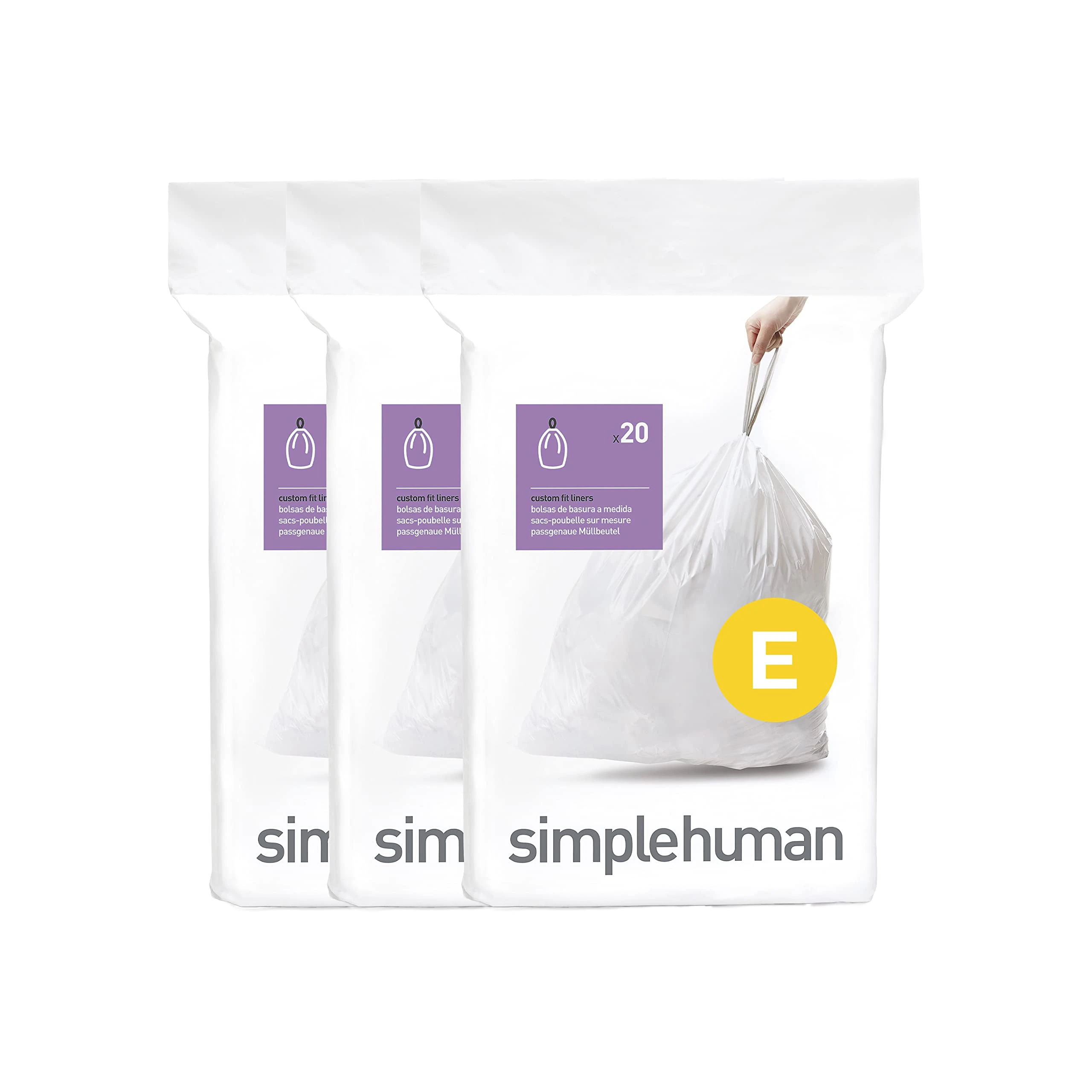 simplehuman CW0255 code E Custom Fit Bin Liner Bulk Pack, White Plastic (3 Pack of 20, Total 60 Liners)