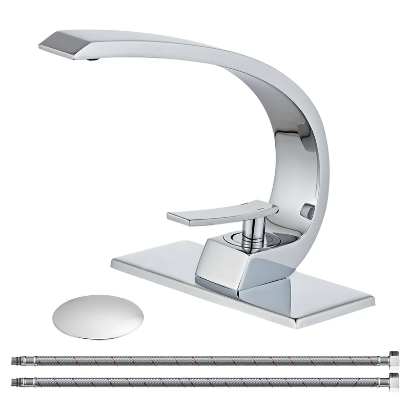Wovier Chrome Bathroom Sink Faucet,Unique Design Single Handle Single Hole Brass Lavatory Vanity Faucet,Basin Mixer Tap with Supply Hose