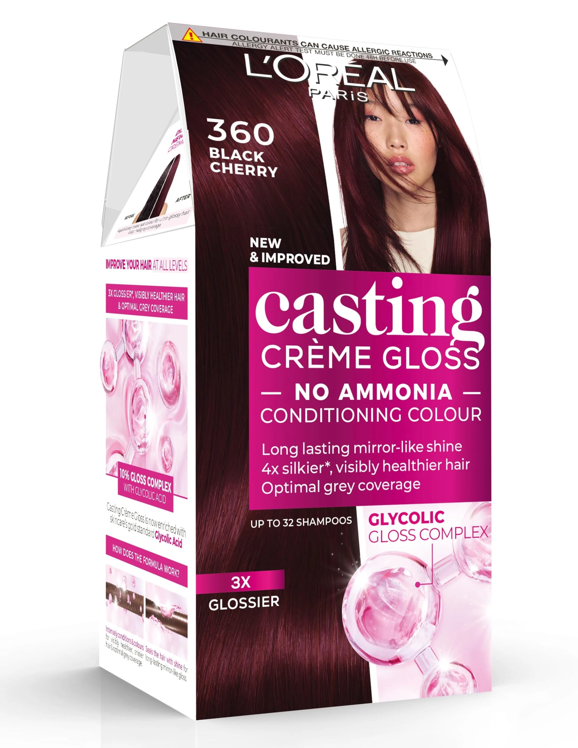 Casting Crème Gloss 360 Black Cherry: This no-ammonia, semi-permanent hair colour lasts 32 washes. Enjoy up to 3x glossier, 4x silkier, visibly healthier hair with a luscious black cherry shade.