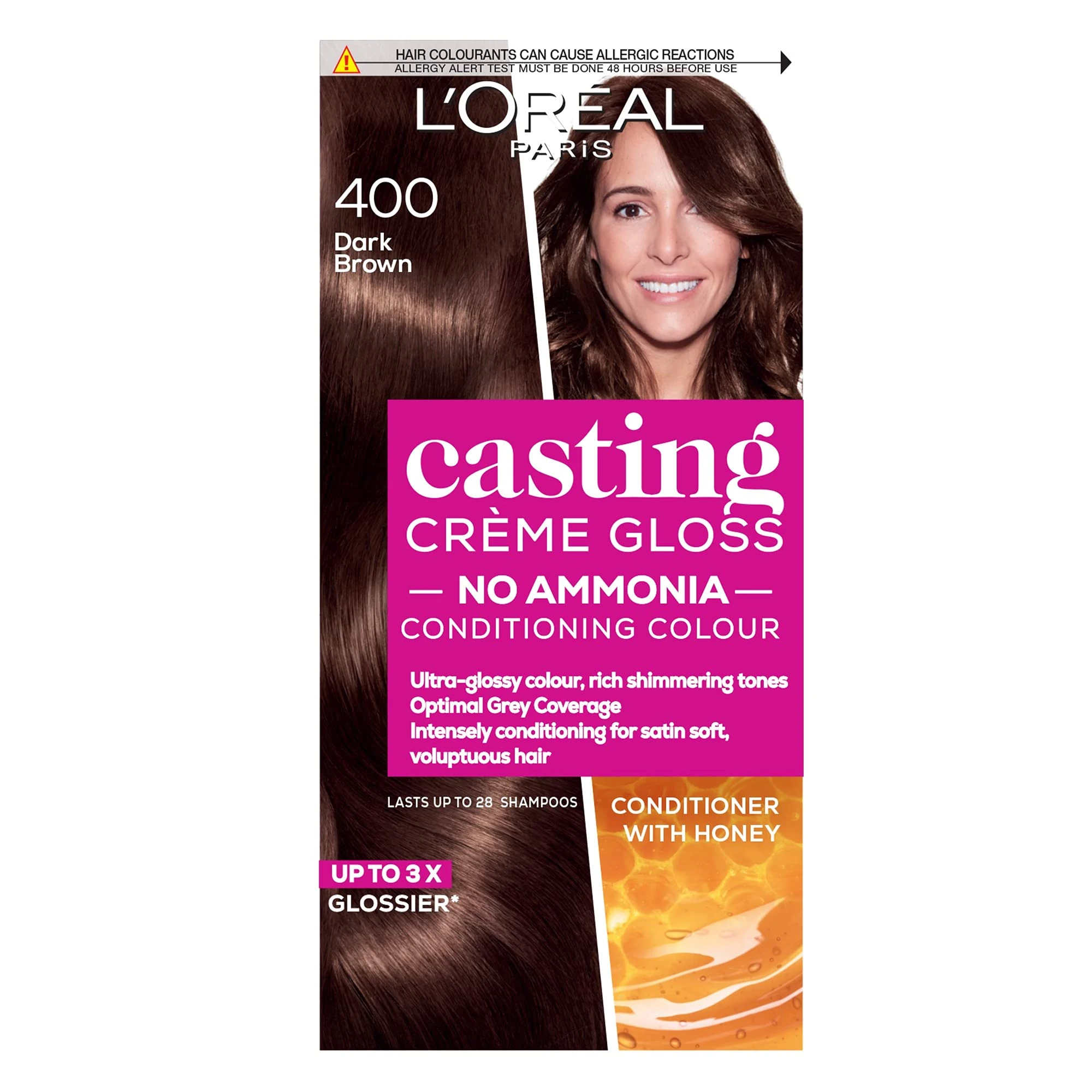Casting Crème Gloss 400 Brown: A no-ammonia, semi-permanent hair colour lasting 32 washes. Get up to 3x glossier, 4x silkier, visibly healthier hair with this natural and radiant brown tone.