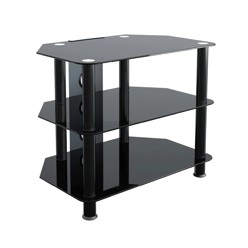 MAHARA Glass Corner TV Stand – Universal Black TV Unit 60cm wide with Glass Shelves and Cable Management – TV Floor Stand Suitable for up to 32” TVs and Max Weight 35kg