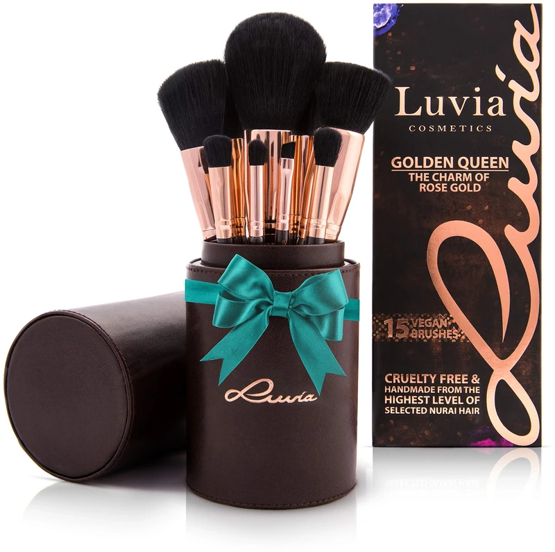 EXCLUSIVE : Professional Make up Brushes - “Golden Queen” 15 Brush Set with Satin Tube by LUVIA COSMETICS – The Kit includes a Comb for lashes and eyelashes – The perfect gift for a Woman (Vegan/Cruelty Free)