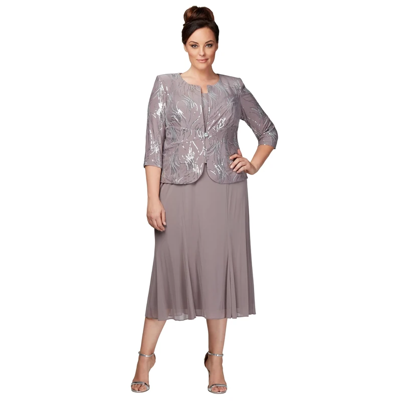 Alex Evenings Women's Plus Size Tea Length Button-Front Jacket Dress Special Occasion, Pewter/Frost, 14 W
