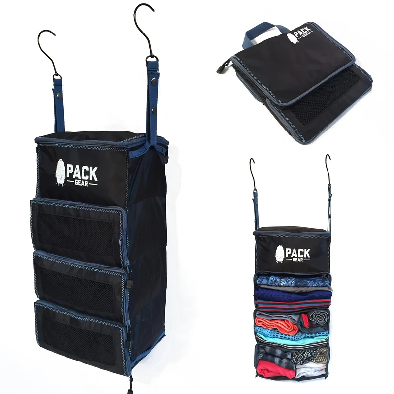 Pack Gear Suitcase Organizer | Pack More in your Large or Carry On Luggage | Unpack Instantly with these Compression Packing Cubes for Suitcases | Hanging Shelf Organizer for Closet (Black)
