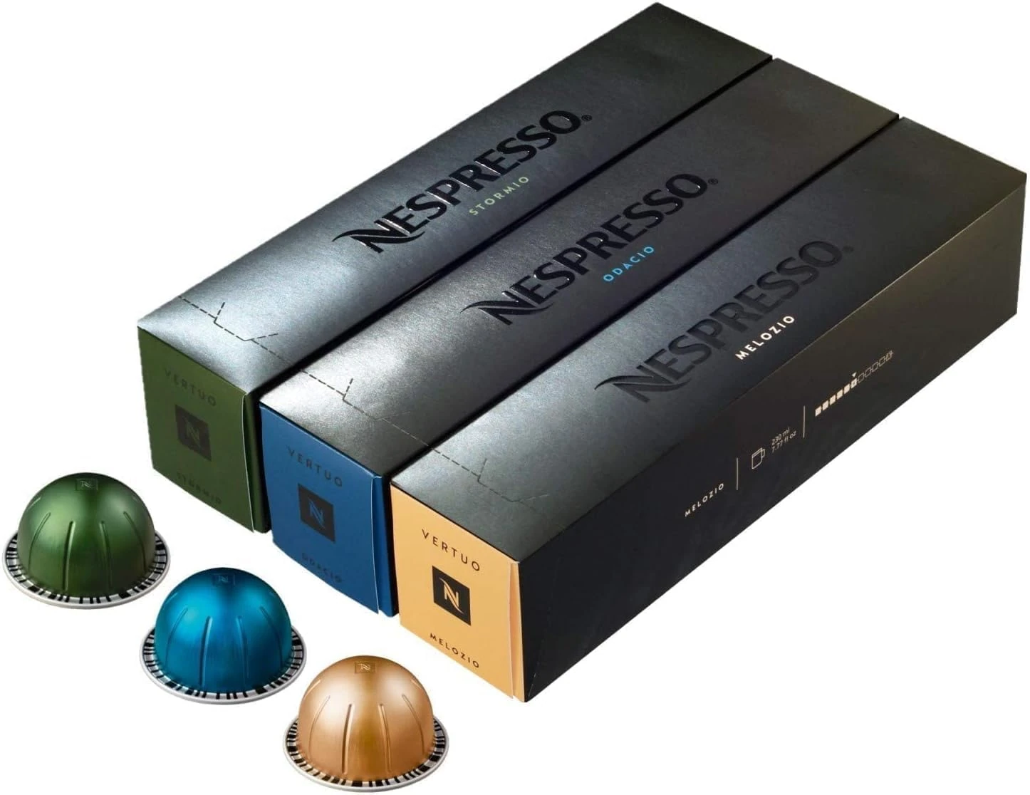 Nespresso Vertuo Coffee Pods, Pack of 30, 10 x Melozio, 10 x Stormio, 10 x Odacio capsules for Nespresso Machines. Make Espressos, Cappuccino and Lattes at home. Recyclable Pods.
