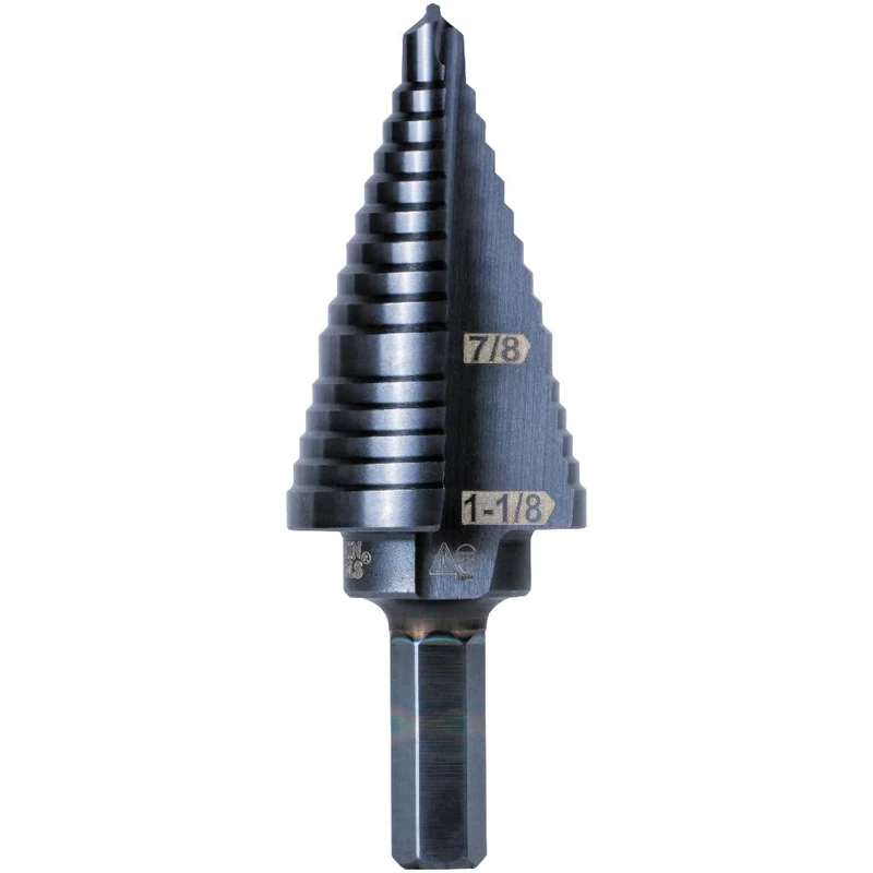 Klein Tools KTSB11 Step Drill Bit 11 Double-Fluted 7/8 to 1-1/8-Inch with Easy-to-Read Markings and Targets, 3/8-Inch Hex Shank , Black