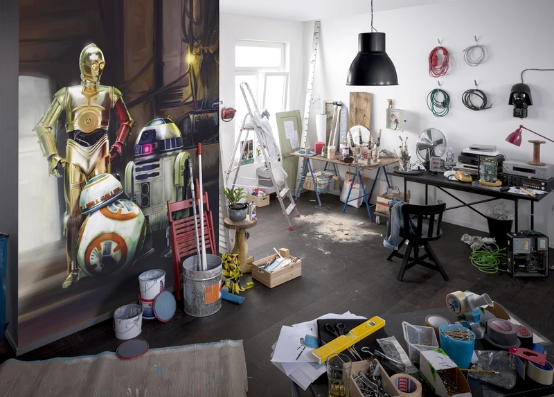 Komar Star Wars Three Droids R2-D2 C-3PO BB-8 Wallpaper Mural, Vinyl, Multi-Colour, 4-Piece