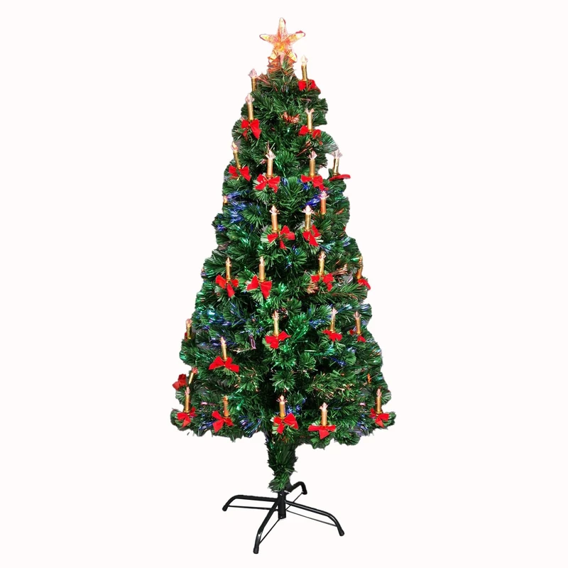 5Ft/150cm Fibre Optic Christmas Tree with Star Topper - LED Lights Candle & Bow Decorations - Pre-Lit Green Artificial Xmas Tree - Multicolor Changing Lights