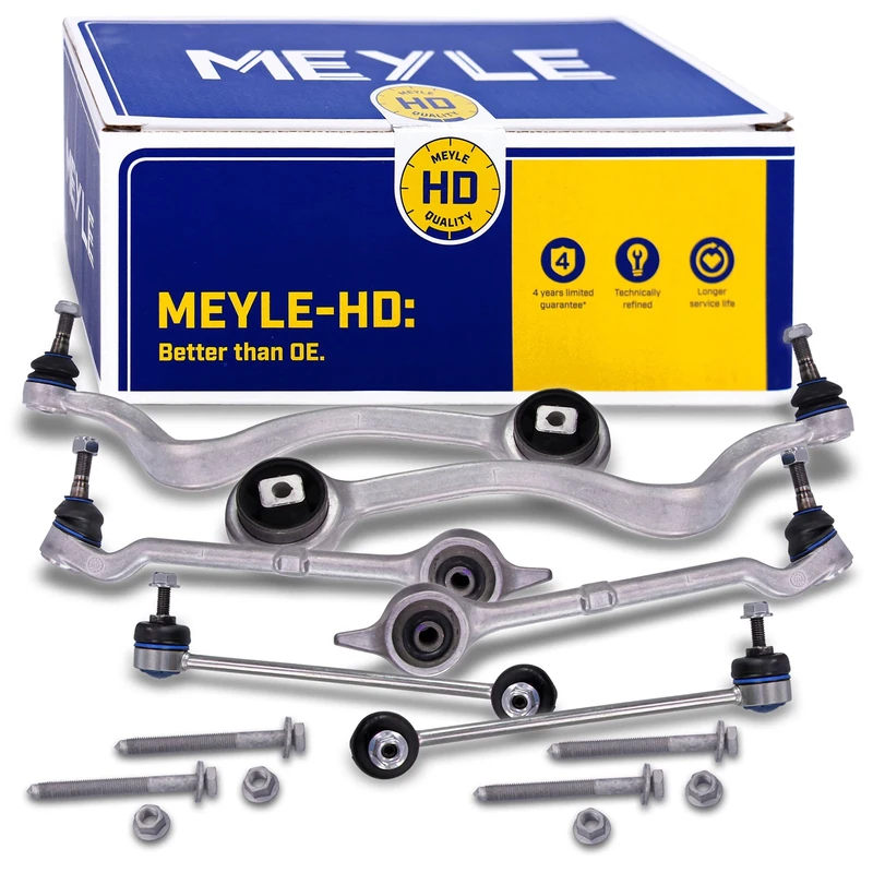 Original Meyle Suspension Arm Set, Suspension Arm Pressure Strut, Tension Strut Axle Knuckle Handlebar Wheel Suspension Cross Brace + Coupling Rod Pendulum Support Stabiliser Stabi Struts Stabi Bar