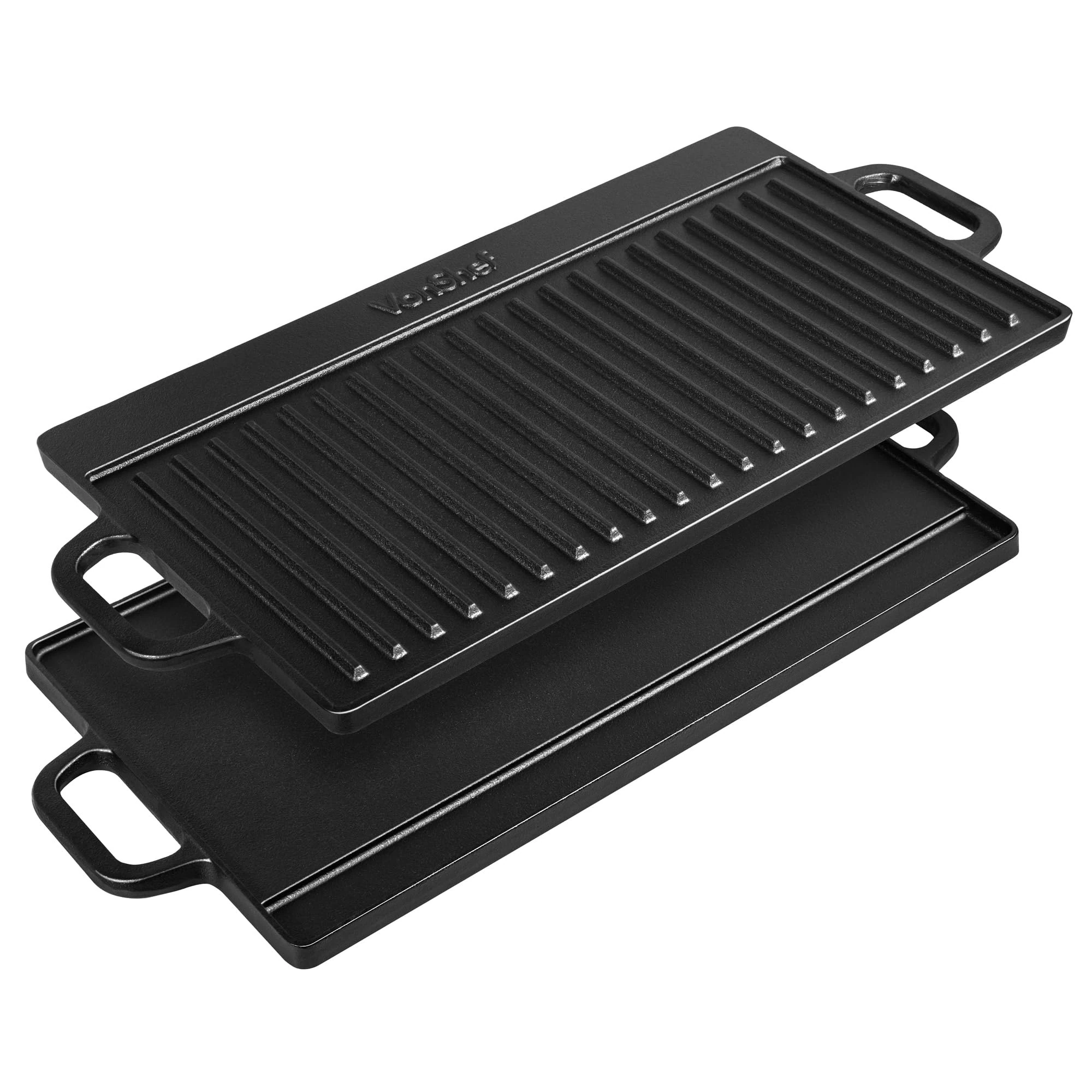 VonShef Reversible Griddle Pan, Pre-Seasoned Non-Stick Cast Iron BBQ Griddle with Handles, Oven Safe Flat Pan for All Hob Types