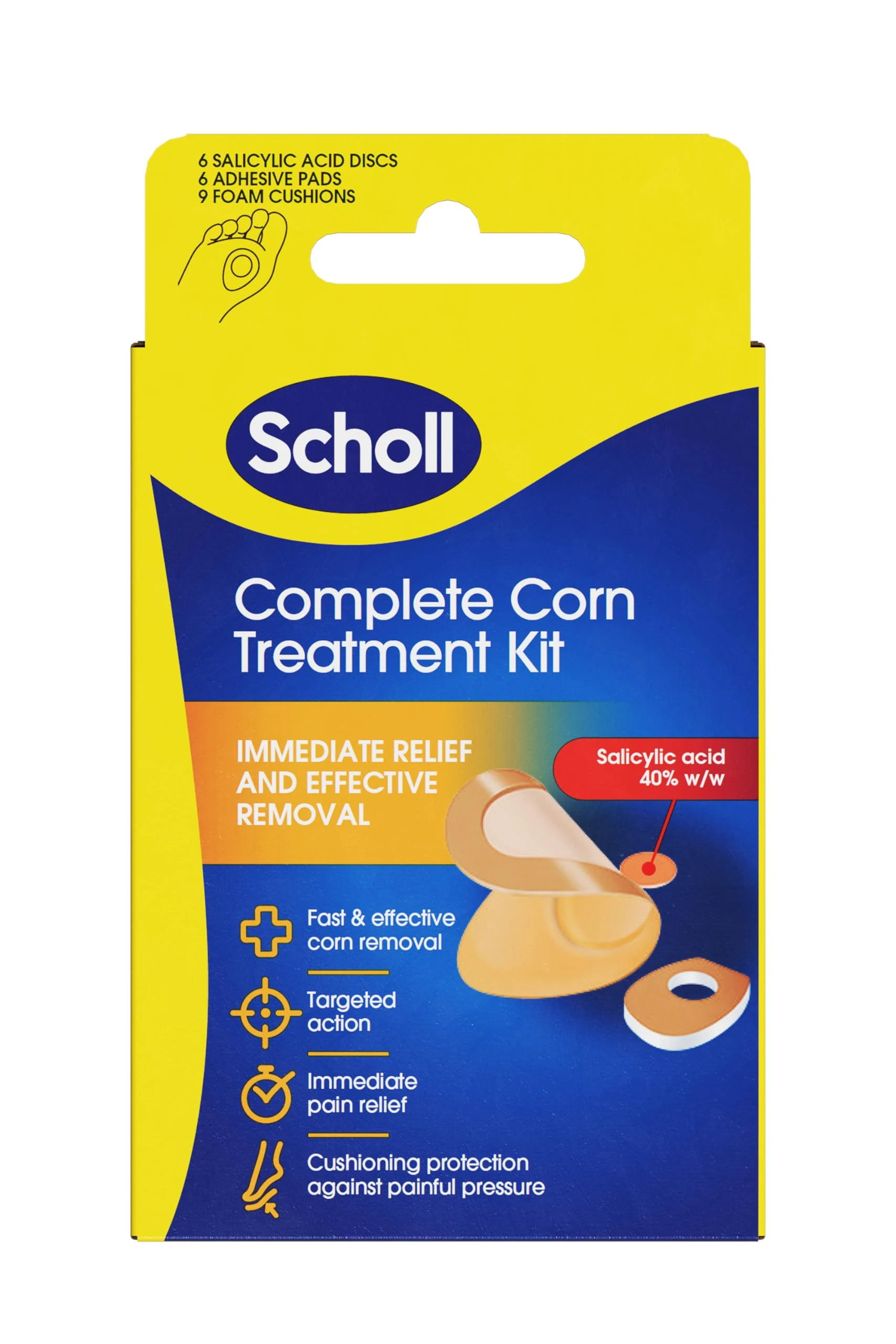 Scholl Complete Corn Removal Treatment Kit, 1 Pack - Medicated Action with Salicylic Acid, Includes 6 Pads, 6 Medicated Discs, and 9 Cushions for Effective Corn Removal