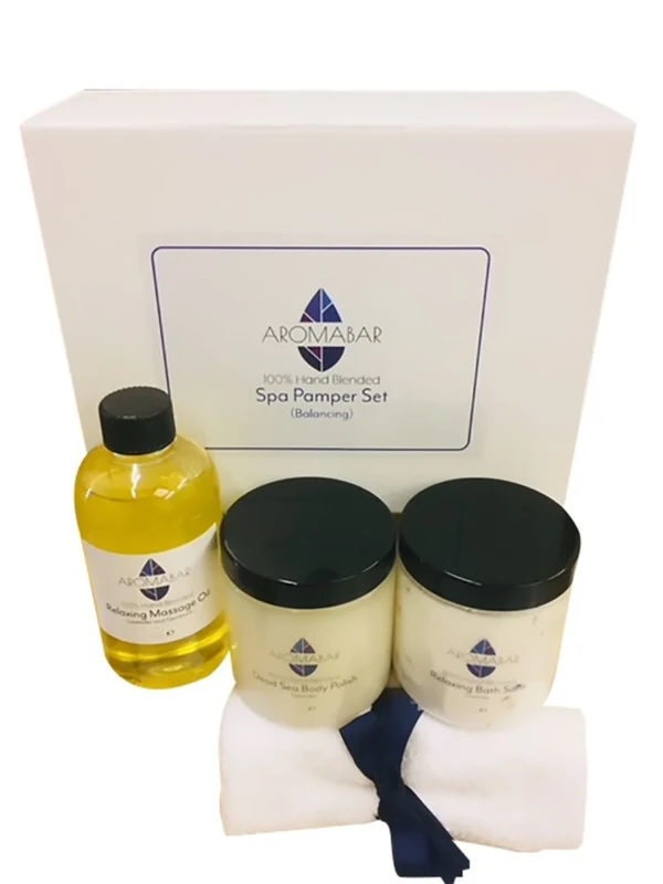 Spa Balancing Pamper Gift Set includes Lavender & Geranium Body Massage Oil, Lavender Bath Salts Soak, Lavender Dead Sea Body Scrub Polish Enriched with Shea Butter