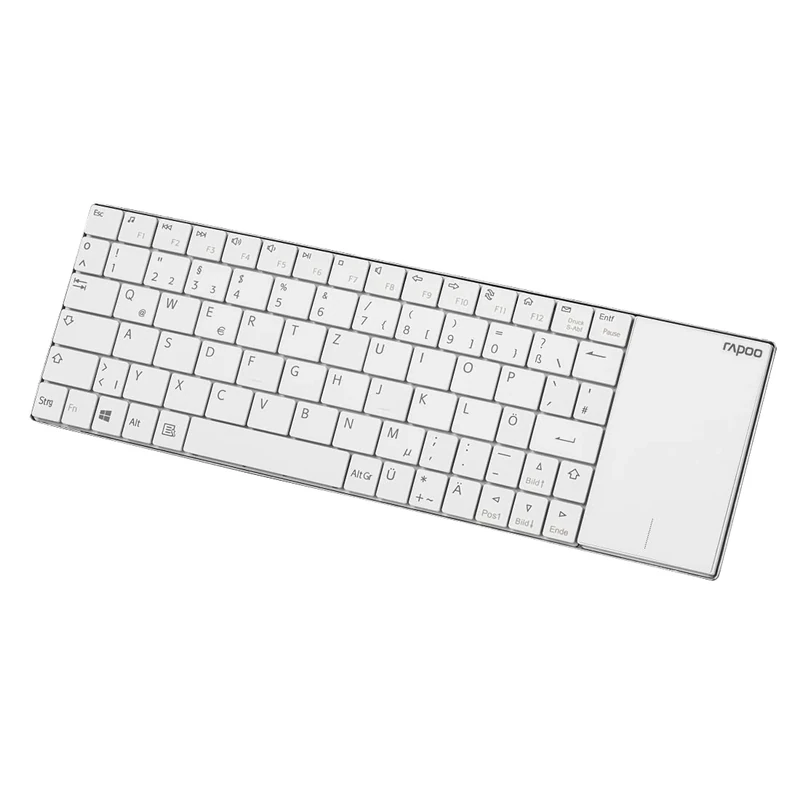 Rapoo E2710 Wireless Multimedia Keyboard, 2.4 GHz Wireless via Nano USB Receiver, Flat 5.6 mm Stainless Steel Design, Touchpad, Smart TV, Media PC, DE Layout (QWERTZ), White