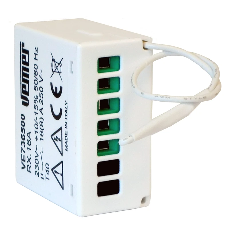 VEMER VE736500 model RX.16A Radiofrequency remote actuator with an output relay 16A. Installation into flush-mounting boxes. Color white
