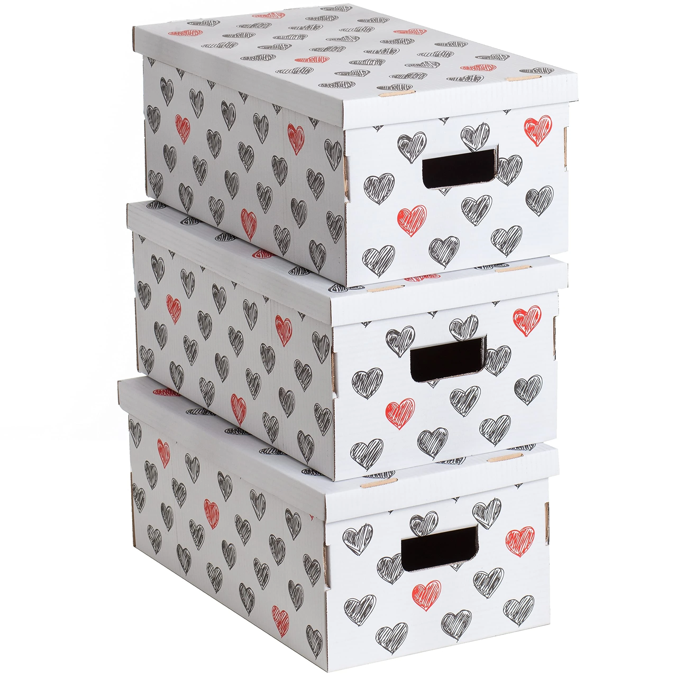 Lavatelli Set of 3 Decorative Storage Boxes with Lids, Cardboard, Hearts design, Ideal for Clothes, Bedding, Toys, Office and Gift, Gray, 51x29x21 cm,
