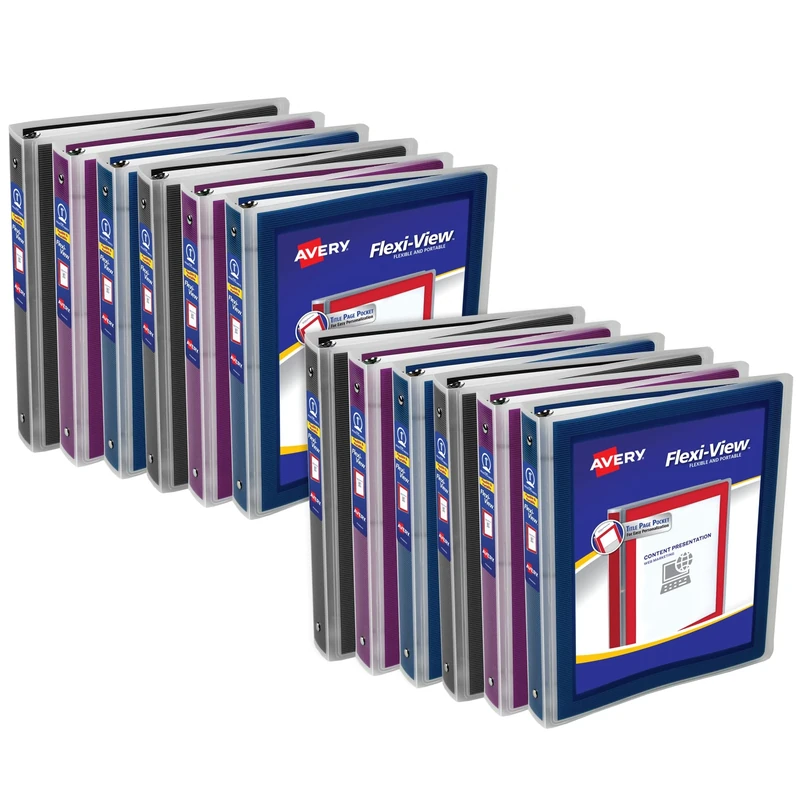 Avery Flexi-View 3 Ring Binders, 1 Inch Round Rings, Assorted Colors (Black, Burgundy, Navy Blue), Pack of 12 Binders (17688)