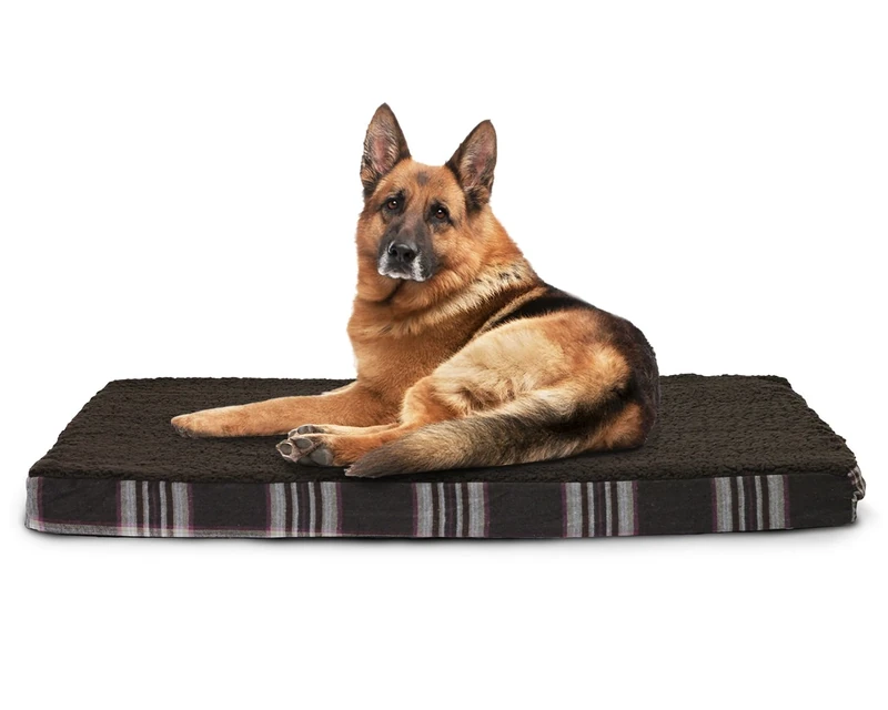 FurHaven Faux Sheepskin and Plaid Deluxe Orthopedic Pet Bed, Jumbo, Java Brown - Image 1