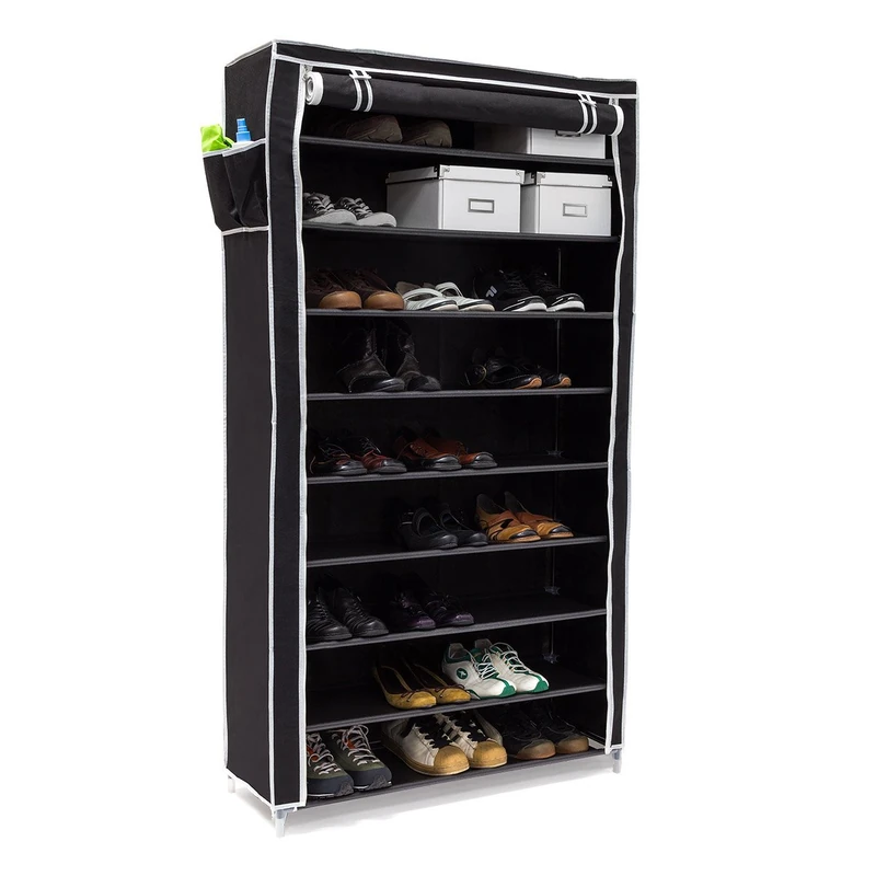 Relaxdays VALENTIN Shoe Rack Storage Unit, 161 x 88 x 30 cm, with Fabric Cover, 10 Shoe Shelves with Zipper, 45 Pairs of Shoes, Black