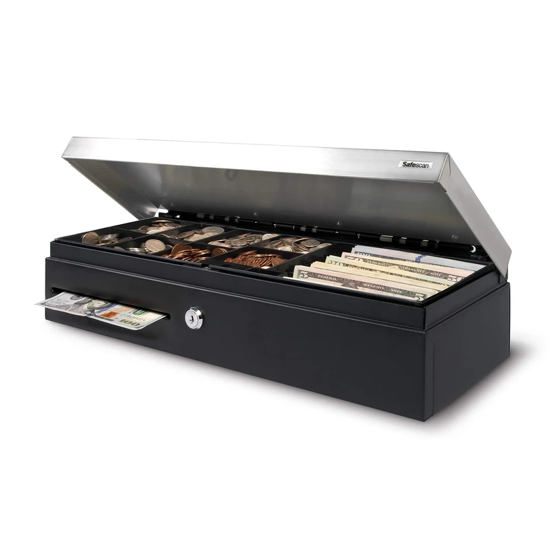 Safescan SD-4617S Black Cash Drawer with 6 Bill/8 Coin Layout, Adjustable Inner Tray, 12V Power Lasts At Least 1 Million Cycles, 2-Position Lock (open and stand-by), 3-Year Warranty