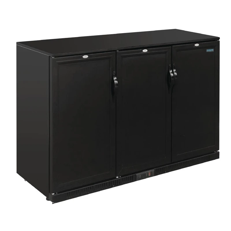 Polar Refrigeration G-Series 350W 3 Solid Lockable Door Back Bar Cooler Fridge 330 Litre, Black, 2°C to 8°C, 900(H)x1350(W)x520(D)mm, 6 Shelves, Capacity 270x 330ml Bottles, Energy Rating B | GL017