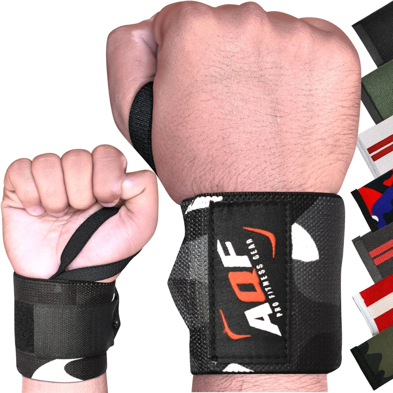 AQF Power Weight Lifting Wrist Wraps Supports Gym Training Fist Straps - Sold as Pair & One Size Fits All (Grey Camo)