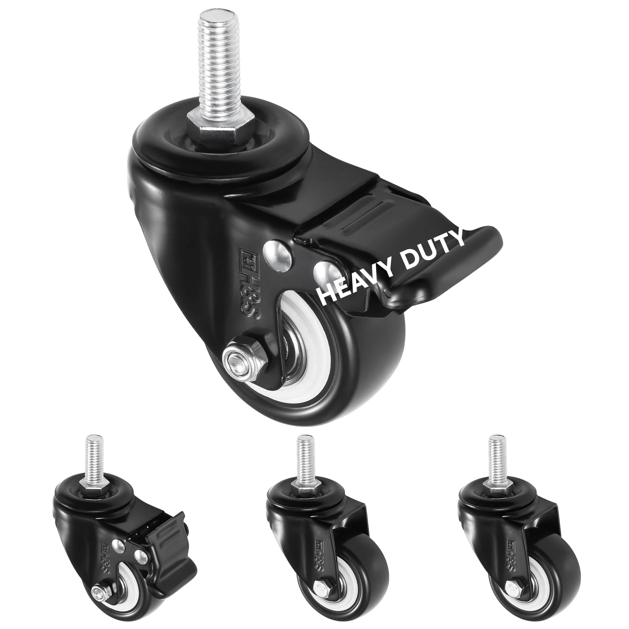 H&S 4 Castor Wheels Heavy Duty 200KG 50mm PU Swivel Trolley Furniture Caster with Brakes Black - Screw