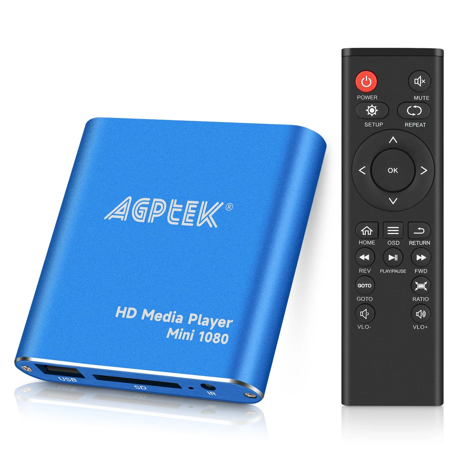 HD Media Player, AGPTEK Mini 1080p Full-HD Ultra HDMI Digital Media Player with Remote Control for -MKV/RM- HDD USB Drives and SD Cards (Blue)