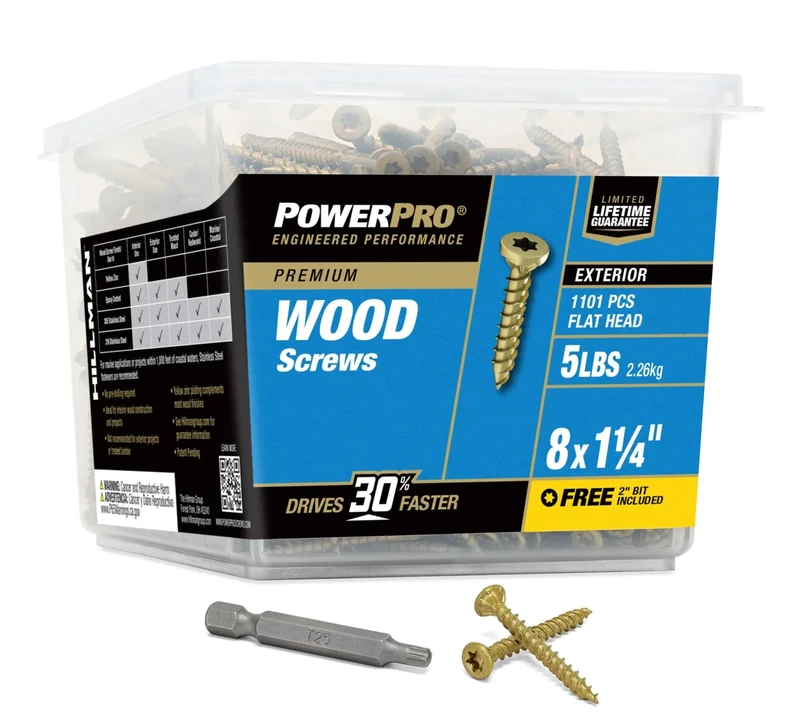 Power Pro 48605 Wood Screws, 8 x 1-1/4", Premium Outdoor Deck Screws, Rust Resistant, Epoxy Coated Bronze, 5lb Tub, 1215 pcs