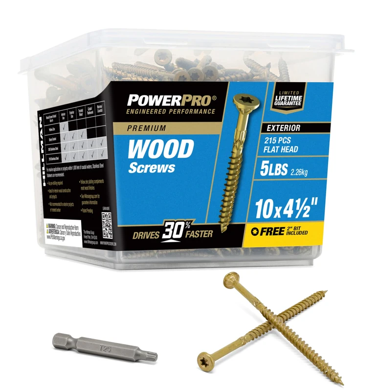 Power Pro 48616 Wood Screws, #10 x 4-1/2", Premium Outdoor Deck Screws, Rust Resistant, Epoxy Coated Bronze, 5lb Tub, 237 pcs