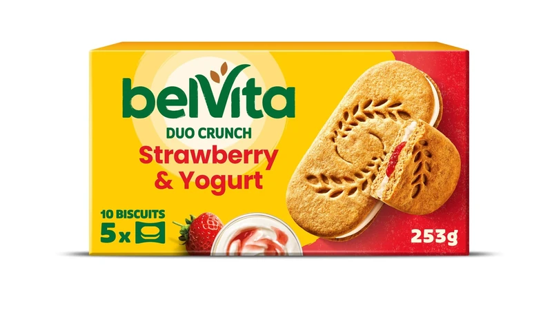 Belvita Duo Crunch Strawberry & Yogurt Breakfast Biscuits, Nutritious Morning Snack (5 x 50.6 g) (Pack of 18) Total 180 Biscuits