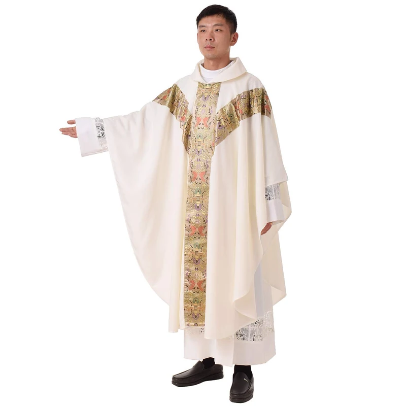 BLESSUME Priest Chasuble Catholic Mass Vestments with Embroidery (White)