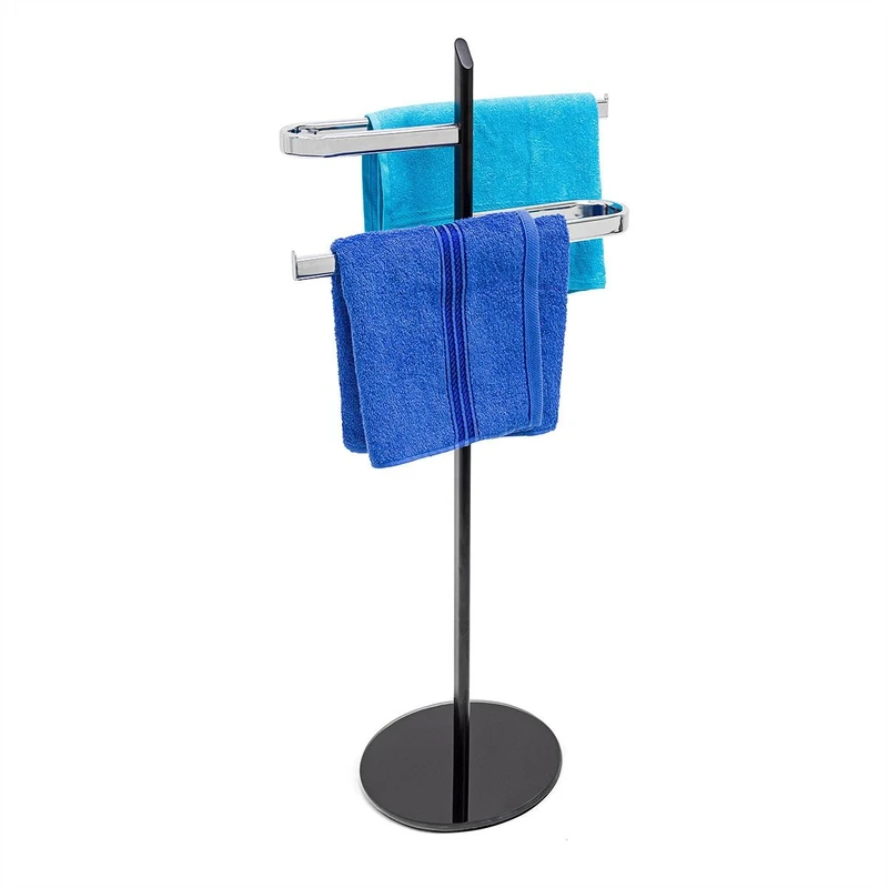 Relaxdays 10019261 Klaas Towel Stand Stainless Steel with Glass Base and 2 Coat Pegs, 92.5 x 42 x 23 cm Chrome Modern Style Bathroom Towel Holder in Metallic Look with 2 Rails, Black/Silver
