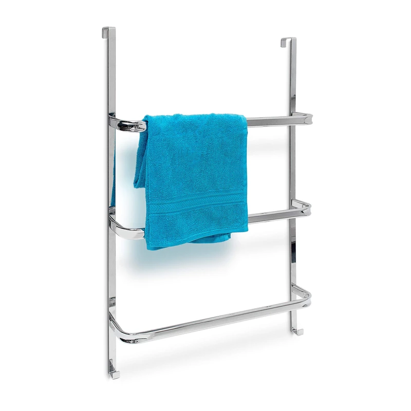 Relaxdays Towel Holder with 3 Rails: 85 x 54 x 11 cm Stainless Steel for All Standard-Size Doors with no Drilling, Chrome Finish w/ 2 Hooks, Modern Bathroom & Kitchen Style, Metallic Silver