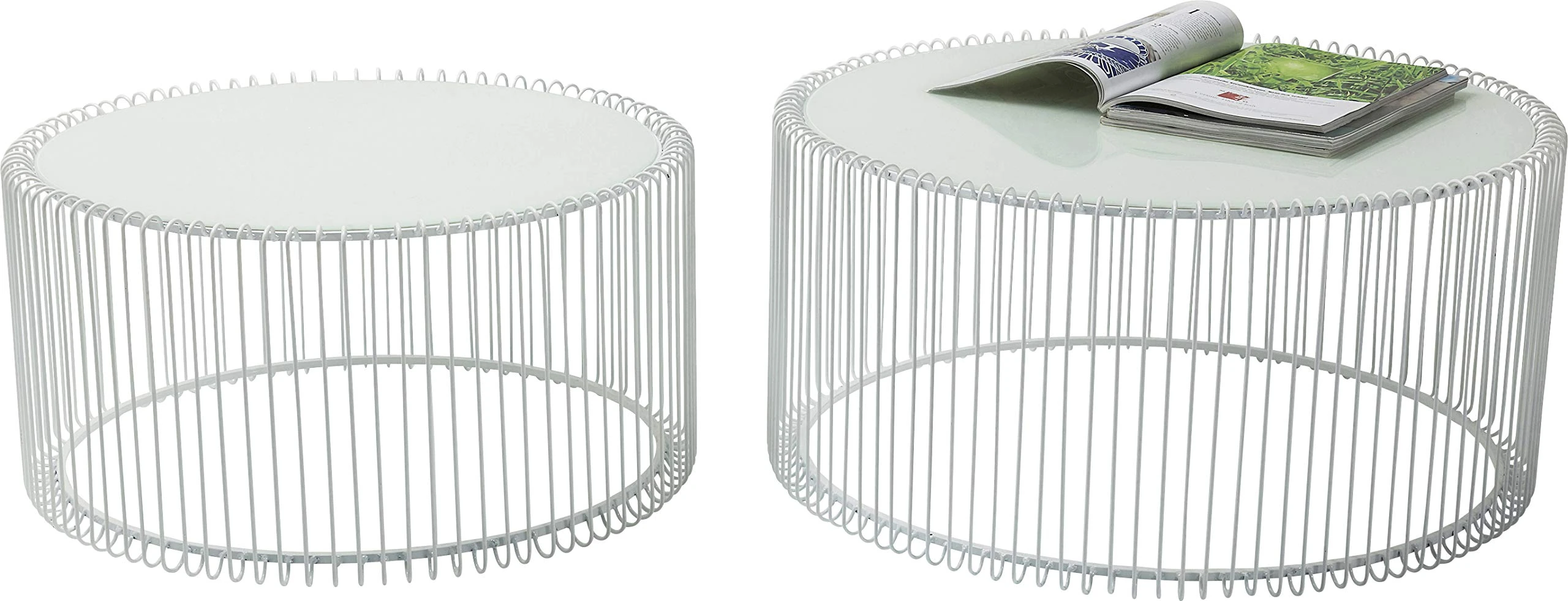 Kare Design Side Table Wire, White, set of two, steel rack, safety glass tabletop, round, modern side table living room, bedroom, Ø44cm