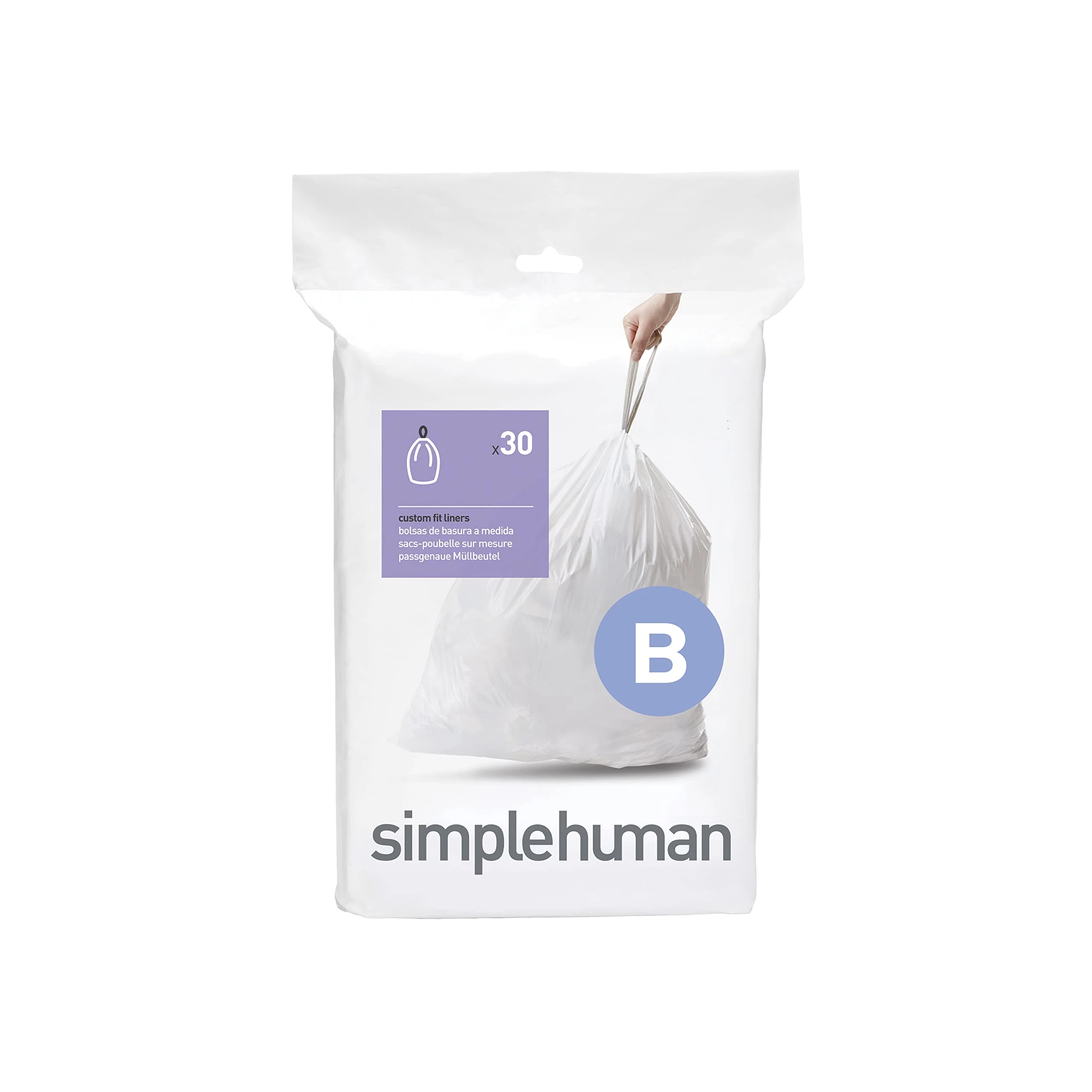 simplehuman CW0161 code B Custom Fit Bin Liners, White Plastic (Pack of 30 Liners)