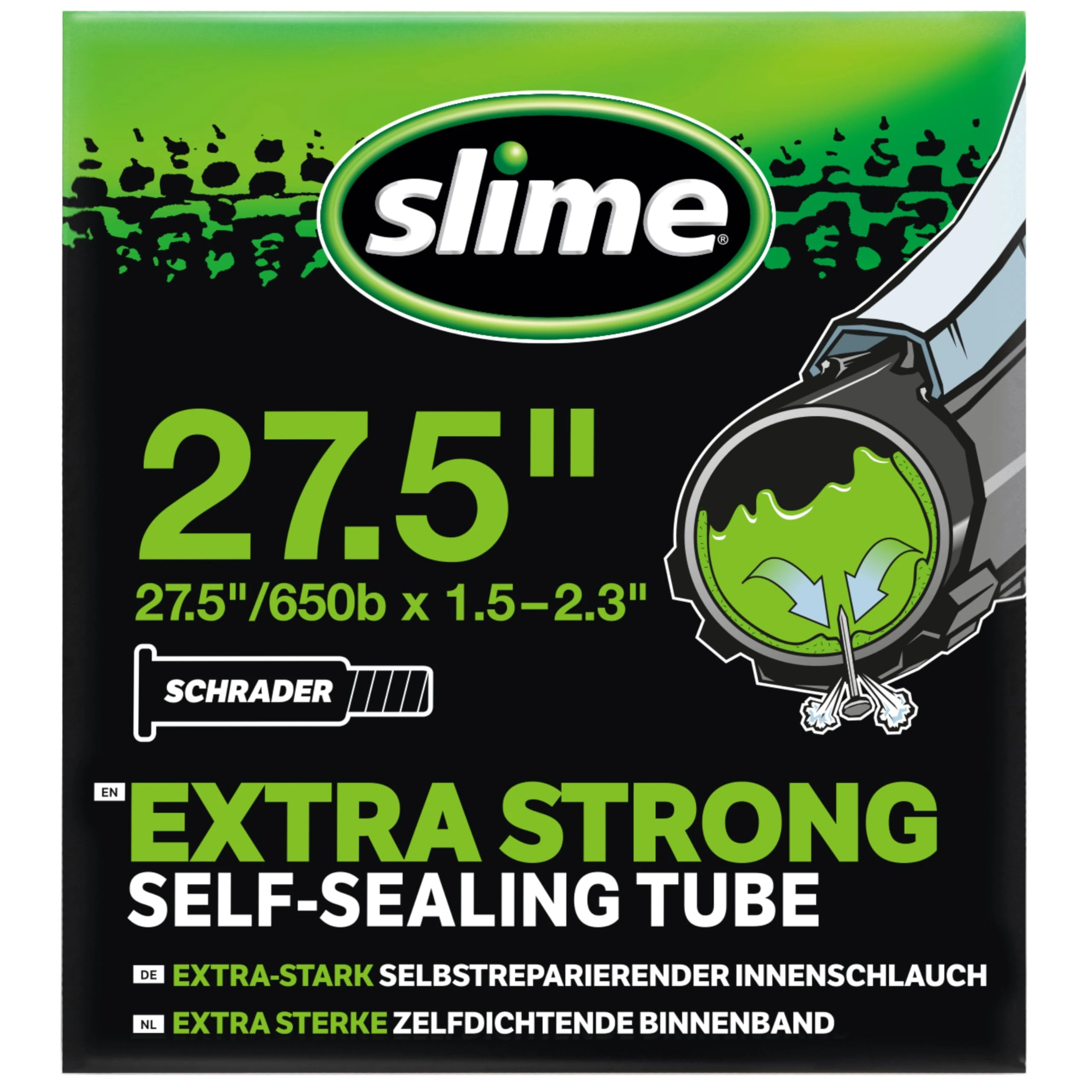 Slime 30077 Bike Inner Tube with Slime Puncture Sealant, Self Sealing, Prevent and Repair, Schrader Valve, 27.5" x 1.5-2.3"