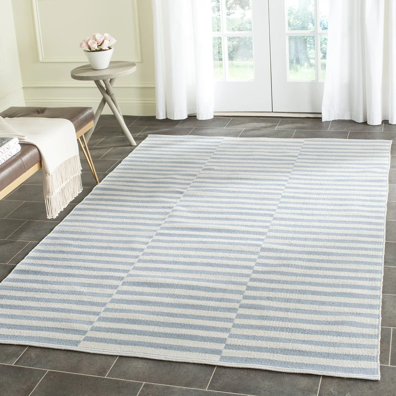 Safavieh Modern Indoor Flatweave Rectangle Area Rug, Montauk Collection, MTK715, in Ivory / Light Blue, 122 X 183 cm for Living Room, Bedroom or Any Indoor Space