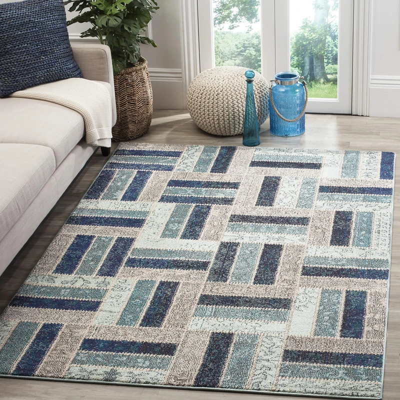 Safavieh Boho Chic Indoor Woven Rectangle Area Rug, Monaco Collection, MNC214, in Grey / Blue, 122 X 170 cm for Living Room, Bedroom or Any Indoor Space