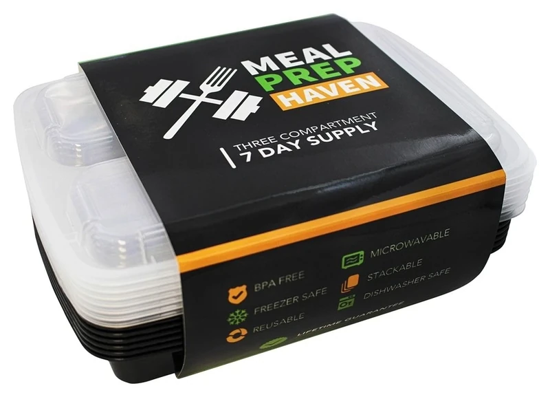 Meal Prep Haven 3-Compartment Food Containers with Lids for Portion Control, Stackable - Leak Proof, Microwave, Dishwasher Safe, Reusable / Bento Lunch Box with Plate Dividers (7 Pack) - Image 1