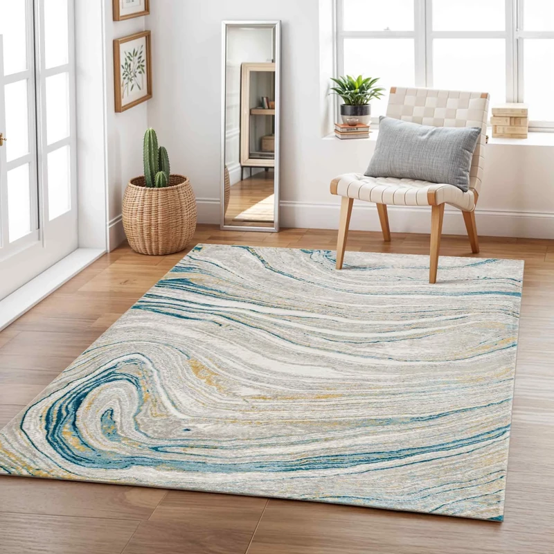 Livabliss Starec Abstract Rug - Area Rugs Living Room 200x275 cm, Dining Room, Lounge, Kitchen, Bedroom - Modern Marble Large Rug, Soft Luxurious Easy Care Medium Pile, Ivory, Grey, Tan, Blue